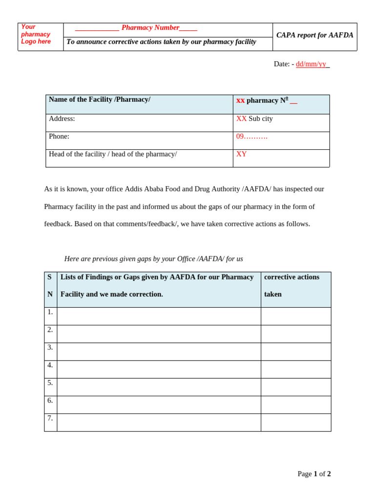 CAPA Report for AAFDA Compliance | PDF