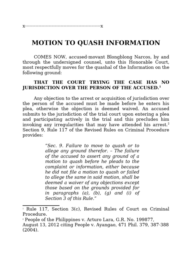 Motion to Quash Arrest Information | PDF | Plea | Arrest