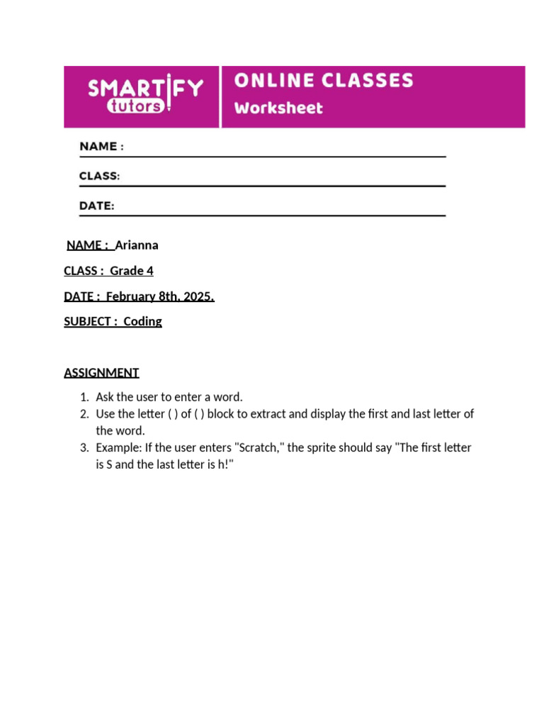 Grade 4 Coding Assignment: Letters | PDF