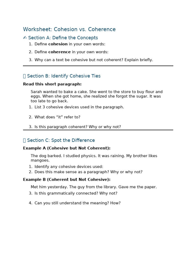 Cohesion vs. Coherence Worksheet | PDF
