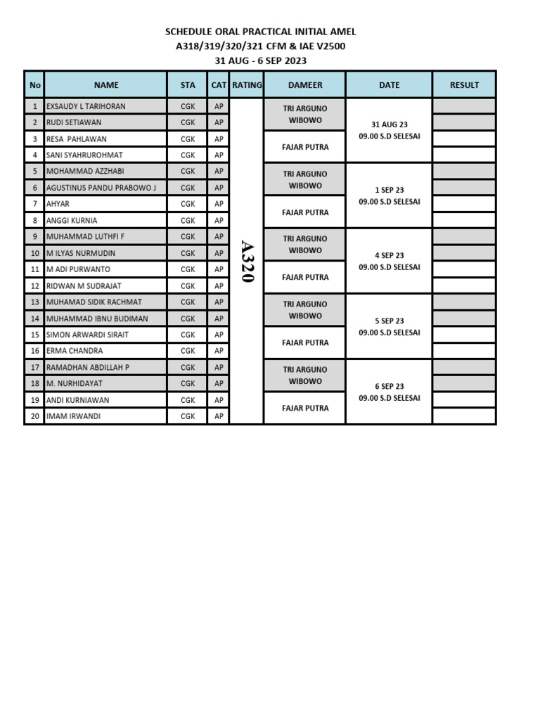 A320 Oral Practical Schedule 2023 | PDF