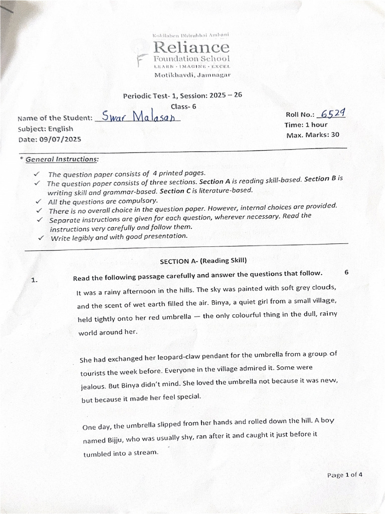 Class 6 Unit Test 1 Dada's | PDF