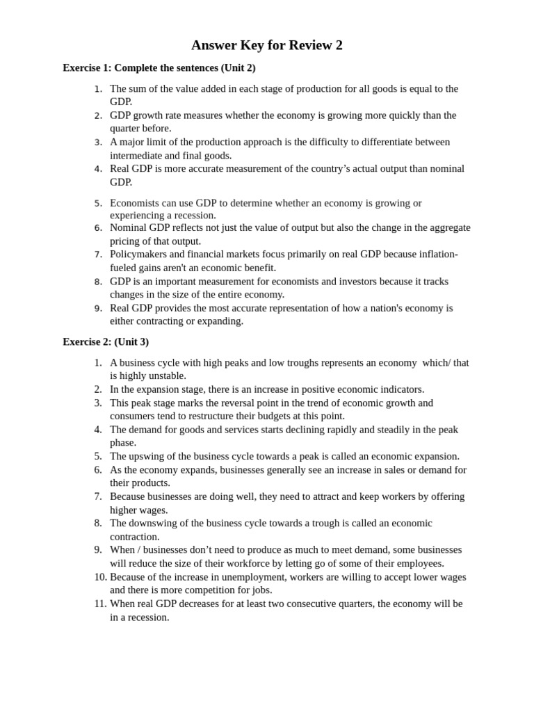 GDP and Business Cycle Review Answers | PDF | Recession | Gross ...