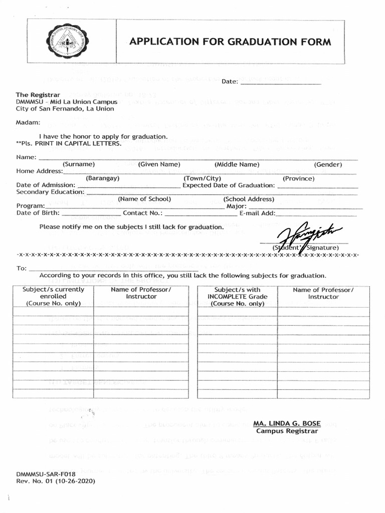 Graduation Application Form DMMMSU | PDF