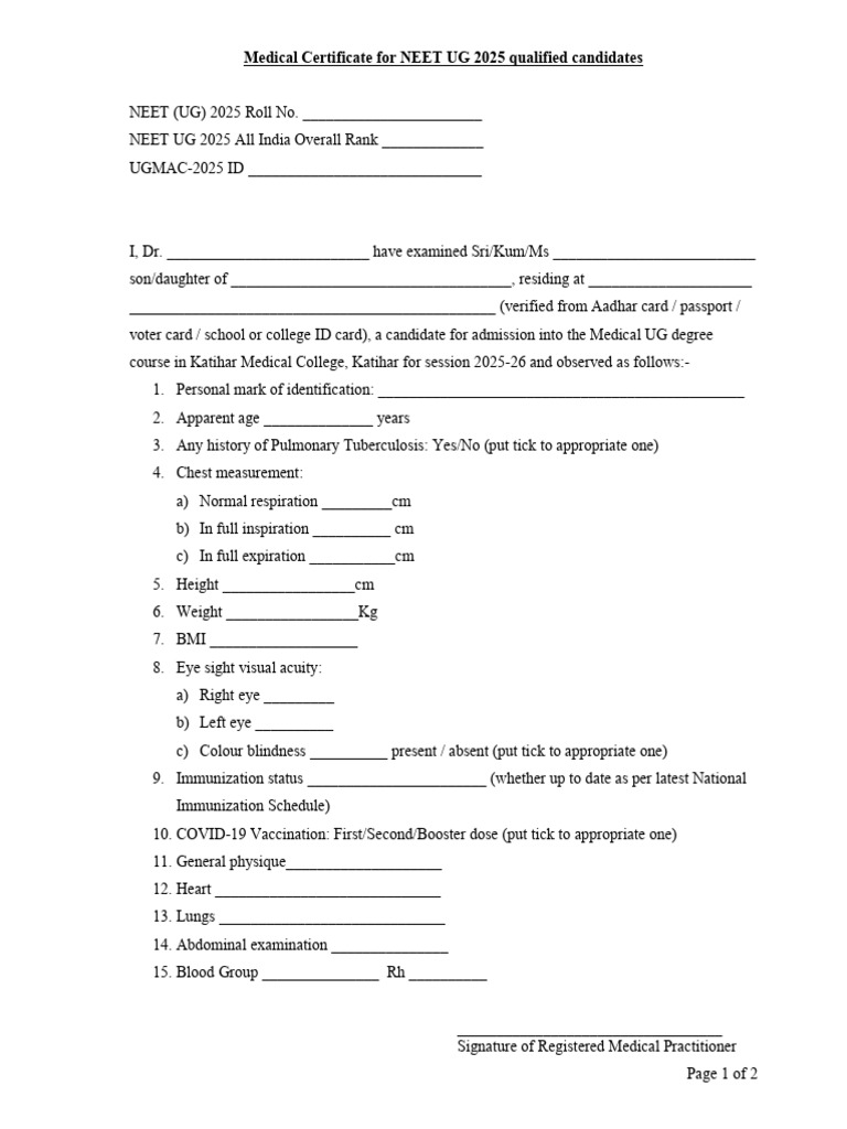 NEET UG 2025 Medical Certificate Format | PDF | Identity Document ...