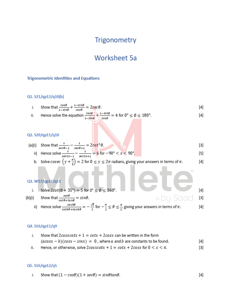 Trigonometry Worksheet 5a | PDF | Trigonometry | Mathematical Objects