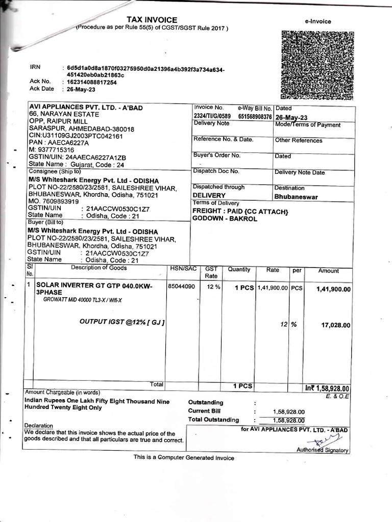 Tax Invoice for Solar Inverter Sale | PDF | Sales | Payments