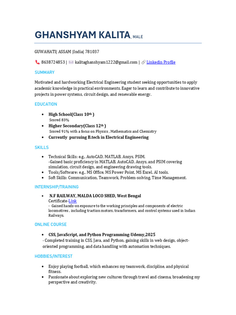 Electrical Engineering Student Profile | PDF