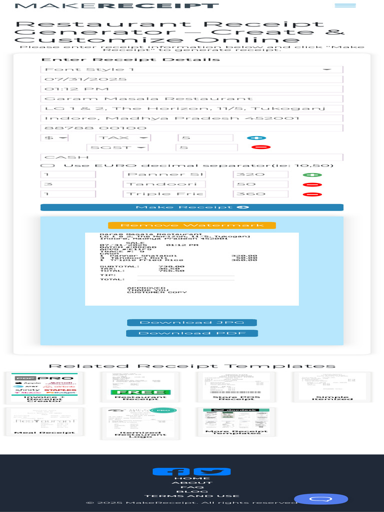 Free Online Restaurant Receipt Generator | PDF