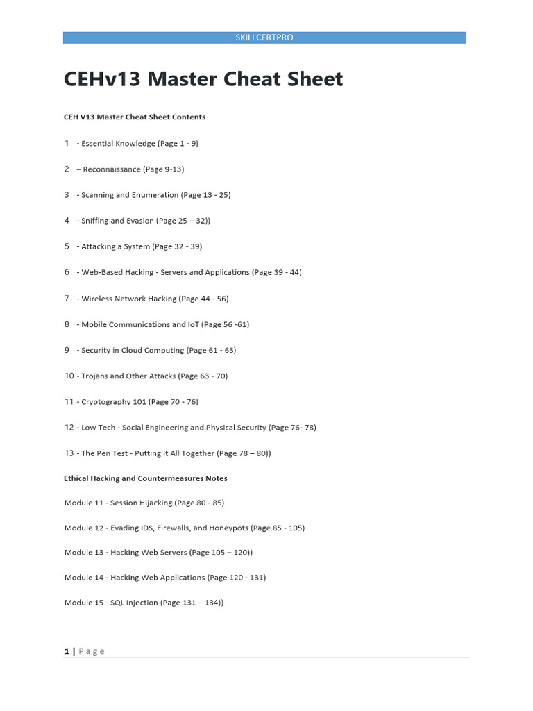CEHv13 Master Cheat Sheet Overview | PDF | Transmission Control ...