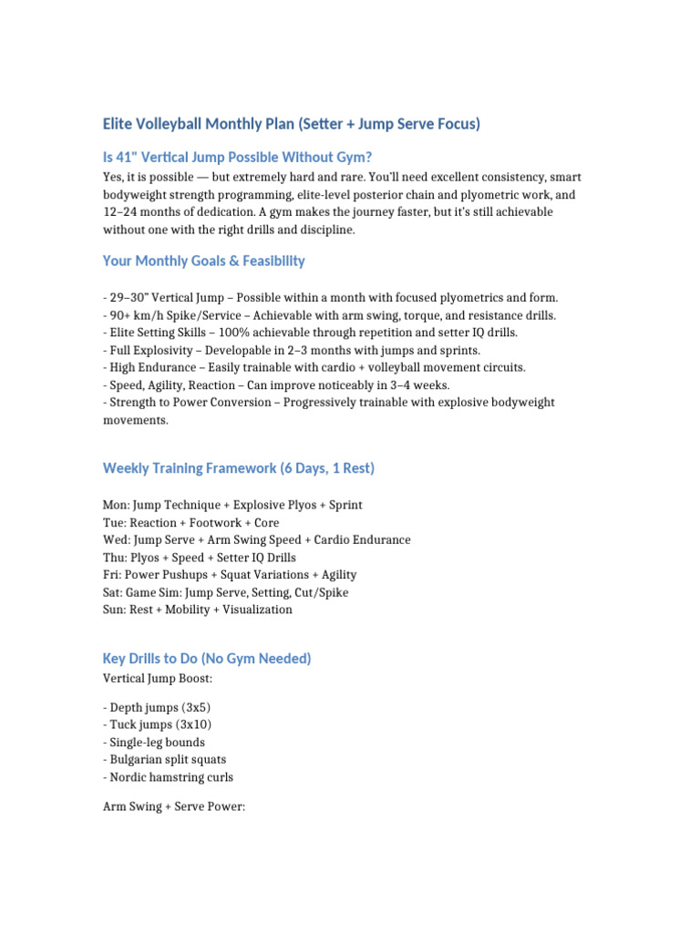 Monthly Volleyball Training Plan | PDF | Physical Exercise | Games Of ...
