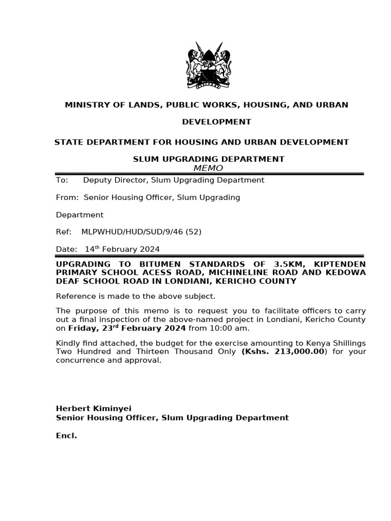 Final Inspection Memo for Londiani Roads | PDF | Urbanization | Housing