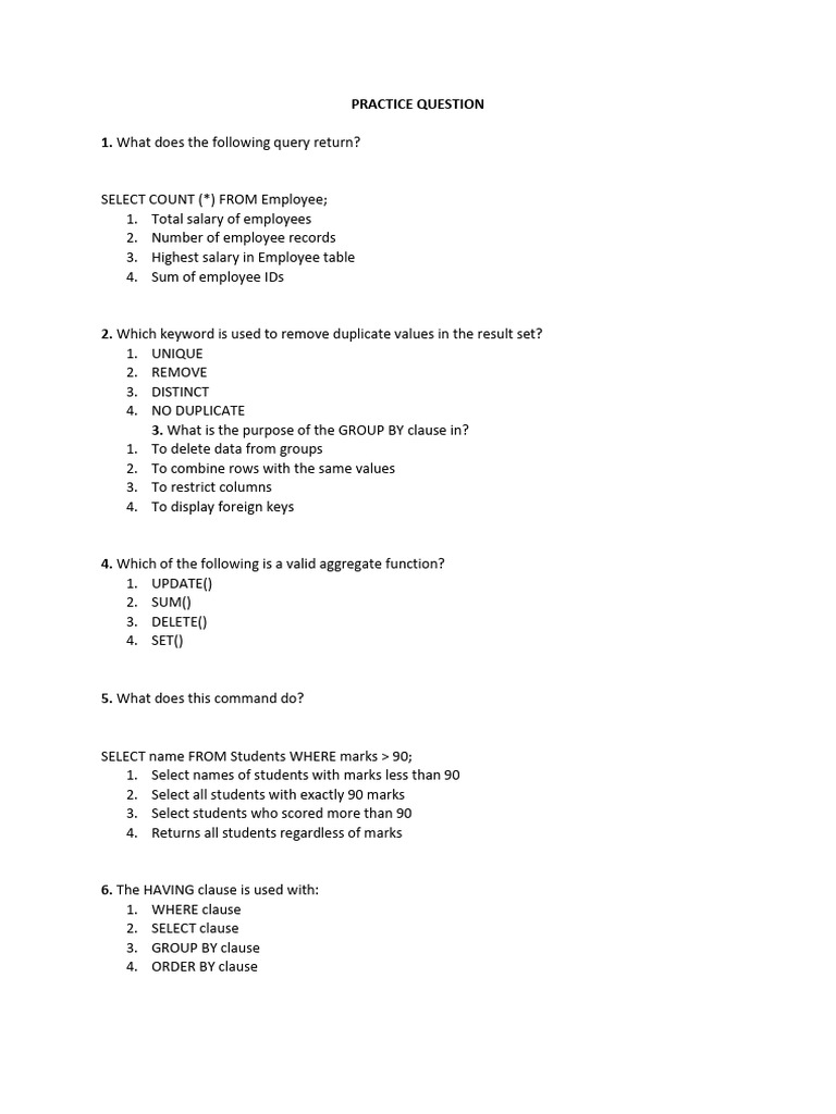 SQL Query Practice Questions Guide | PDF | Relational Model | Sql