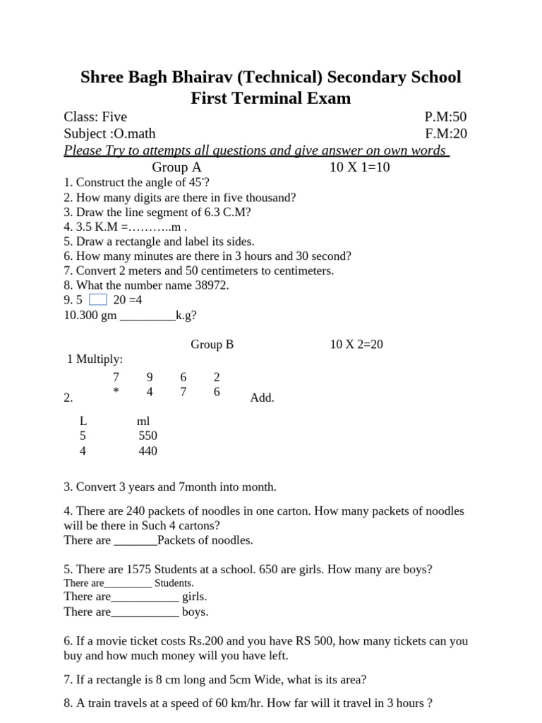 Class 5 Maths Question Paper | PDF