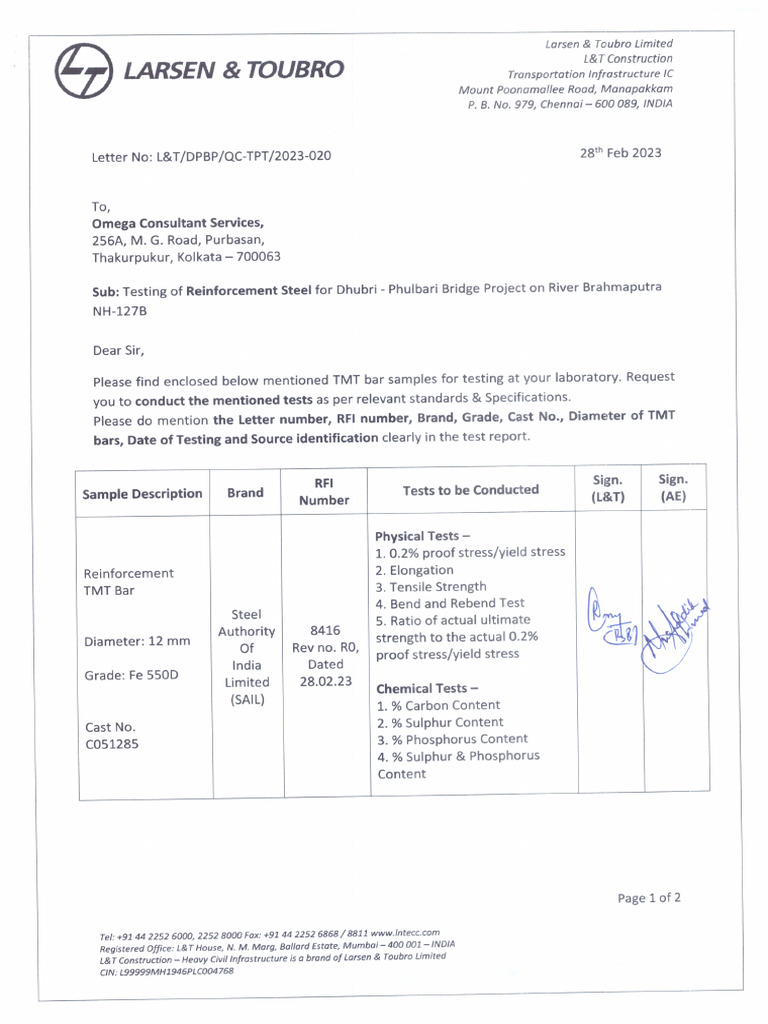 TMT Testing Letter - Omega, Kolkata | PDF
