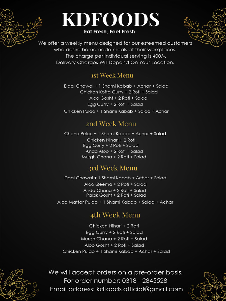 Weekly Menu for KD Foods | PDF