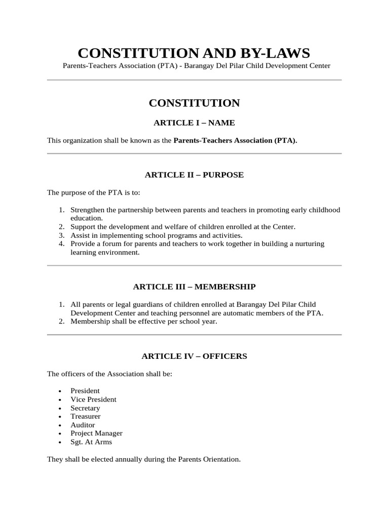 PTA Constitution and ByLaws Guide PDF Government