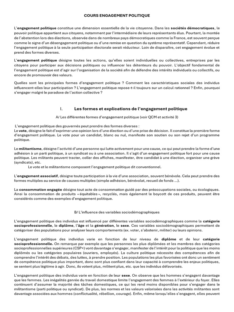Formes et enjeux de l'engagement politique | PDF | Démocratie ...