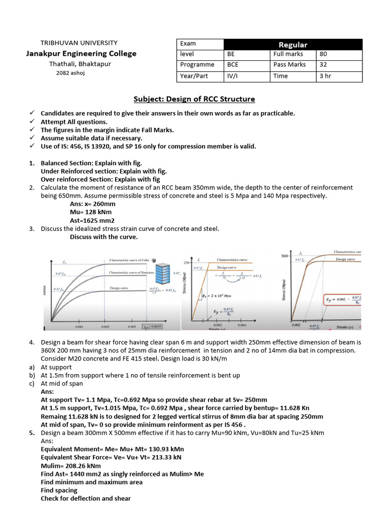 RCC Structure Design Exam Questions | PDF | Beam (Structure) | Bending