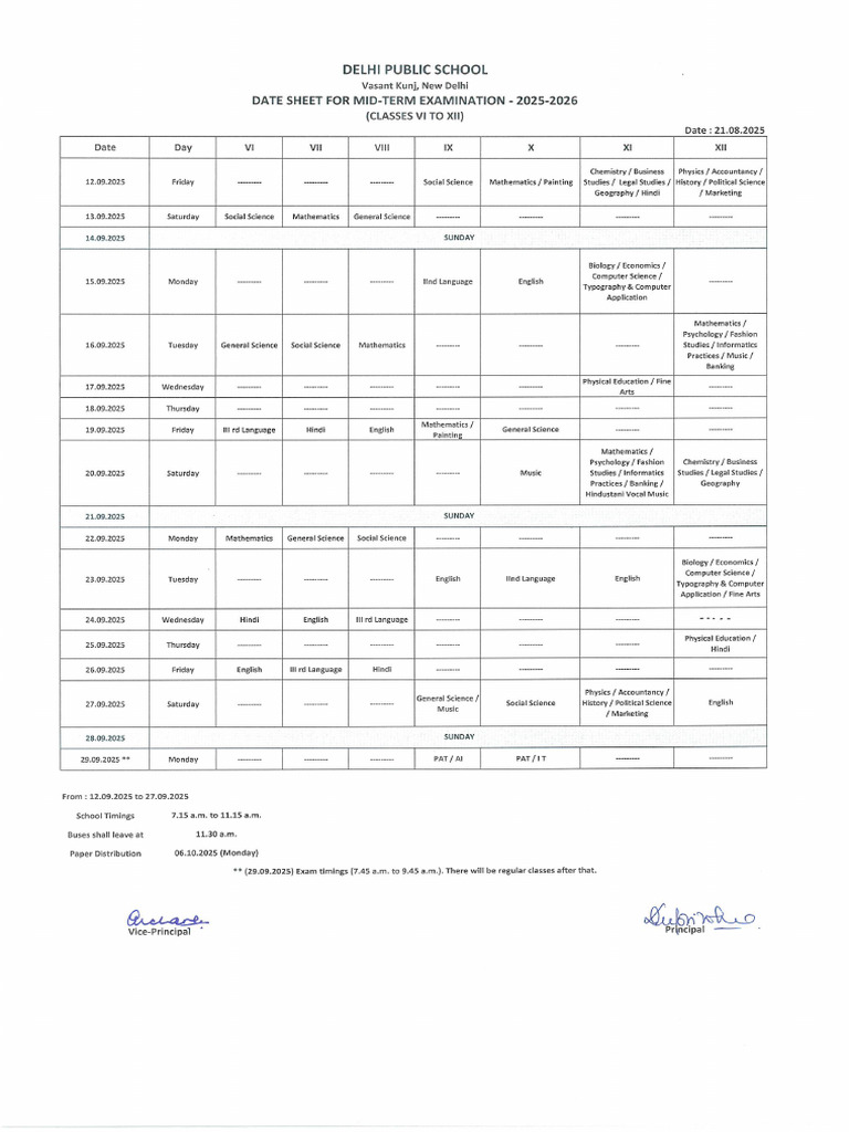 Mid Term Date Sheet 2025 2026 | PDF