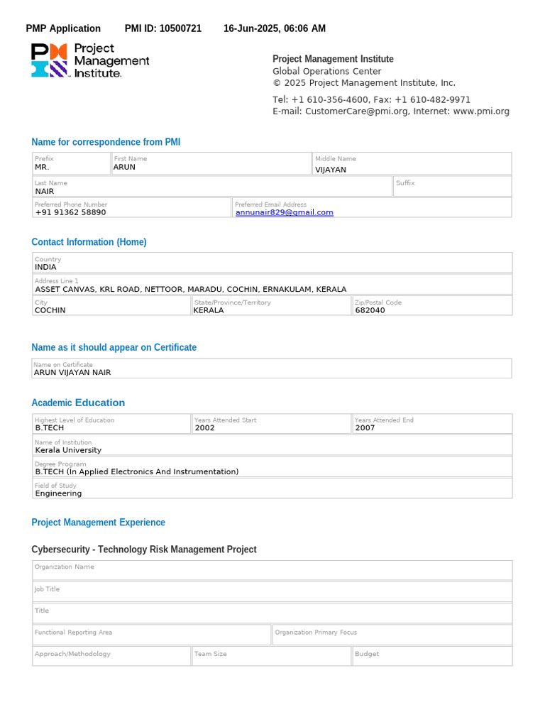 PMP Application for Arun Nair | PDF | Project Management Professional