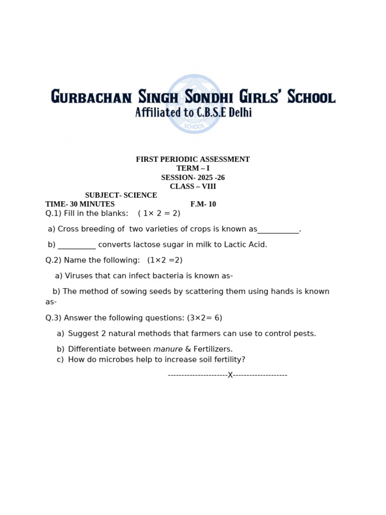 1st P.T of Science For Class VI (25-26) | PDF