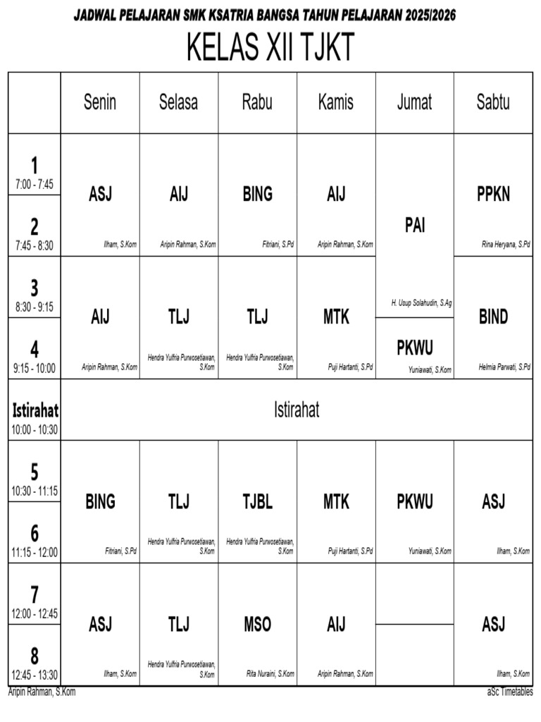 Jadwal Pelajaran SMK Ksatrian Bangsa | PDF