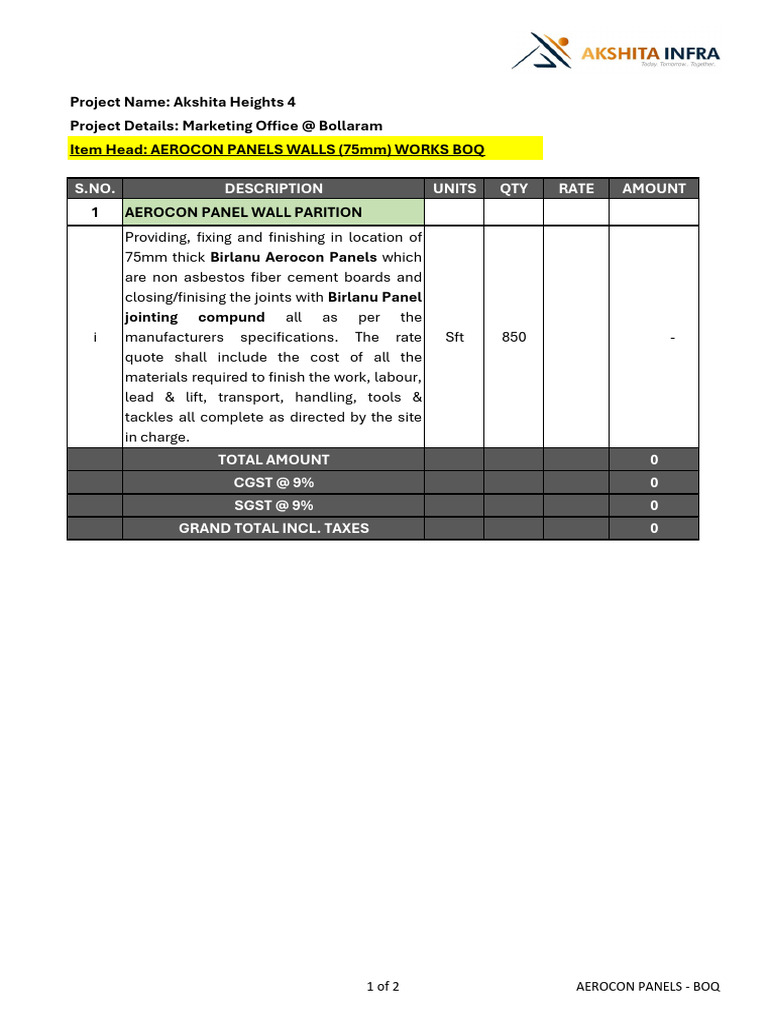 Aerocon Panel Wall Partition BOQ | PDF | Fibers | Structural Engineering