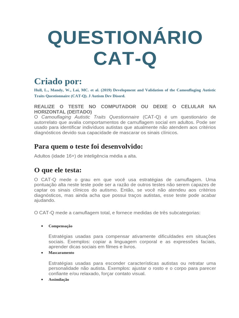 Questionário CAT-Q: Camuflagem Autista | PDF | Autismo | Linguagem corporal