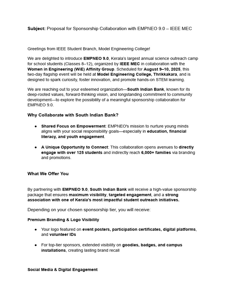 Subject: Proposal For Sponsorship Collaboration With EMPNEO 9 | PDF