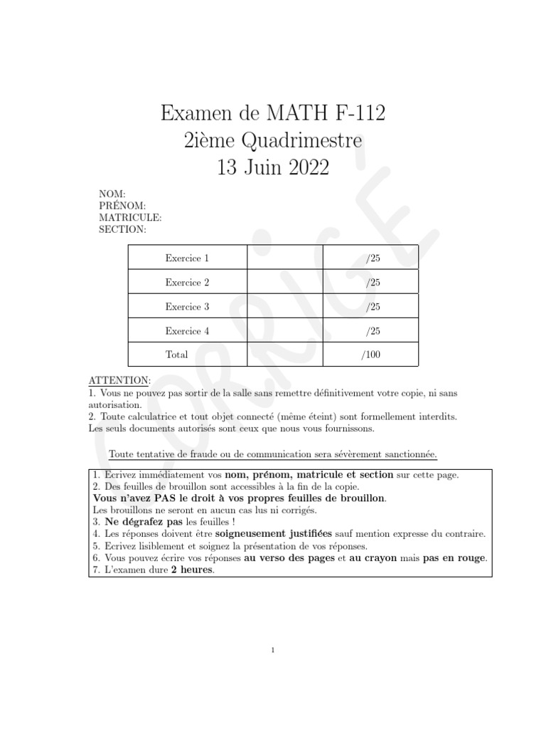 Examen de MATH F-112 - Juin 2022 | PDF | Objets mathématiques ...