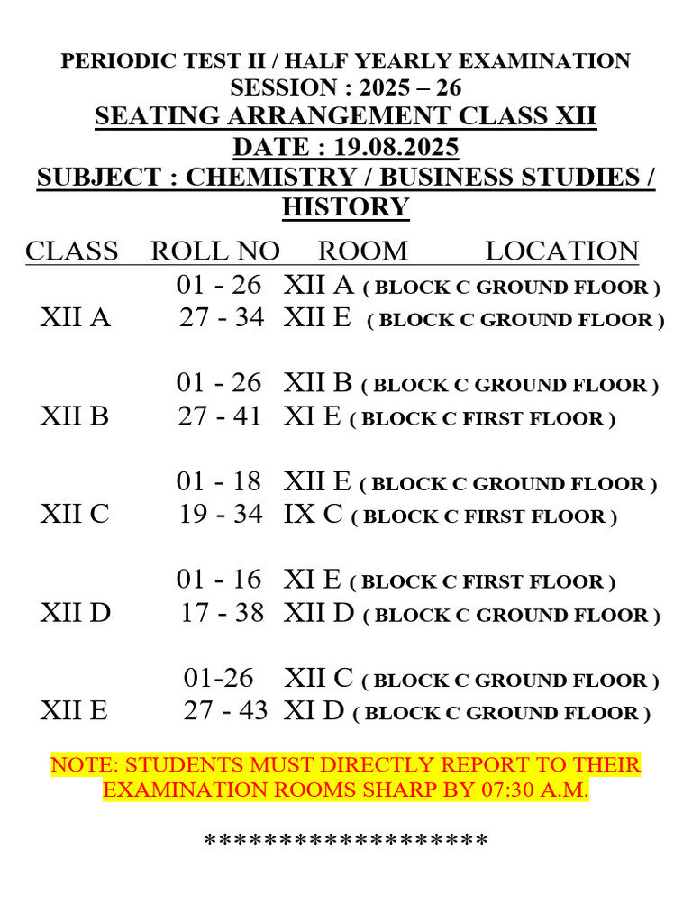 Class XII Half-Yearly Exam Seating Plan | PDF