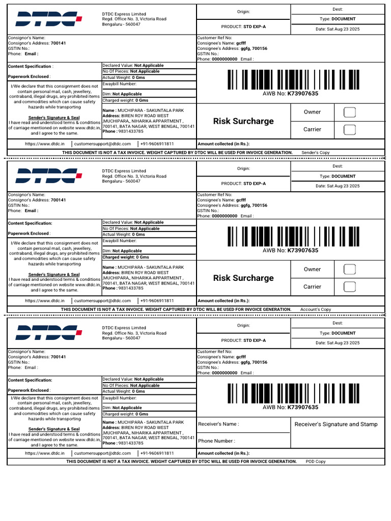 DTDC Express Document Details | PDF | Mail