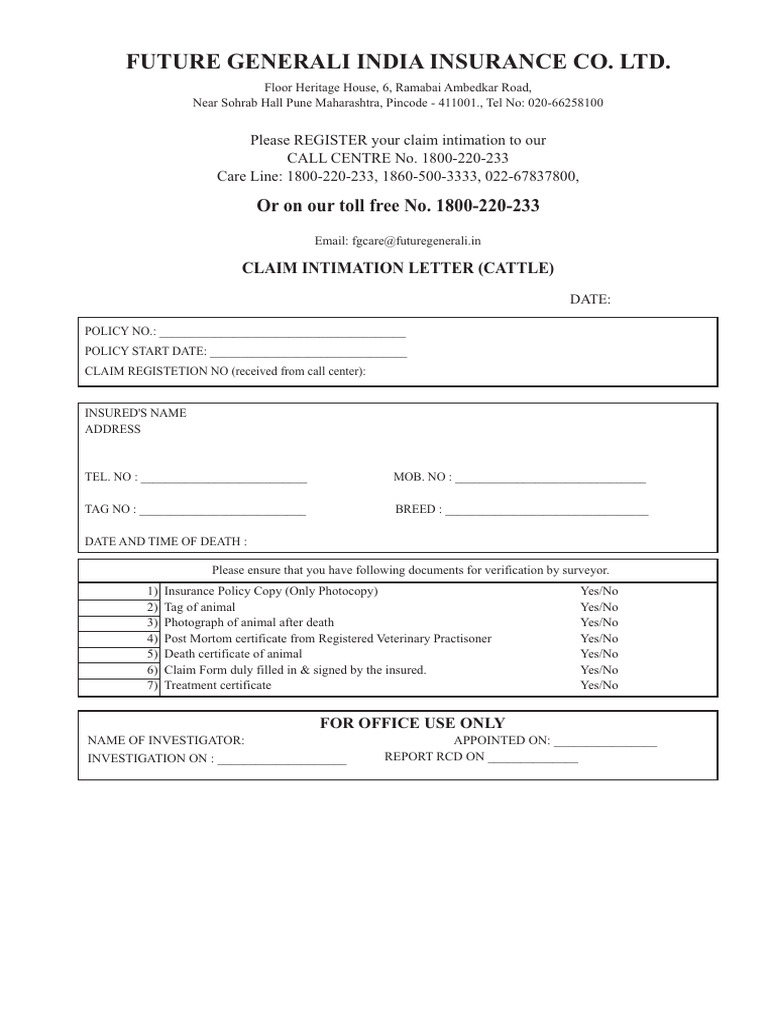 FUTURE FUTURE GENERALI - CLAIM INTIMATION LETTER + Claim Form | PDF ...