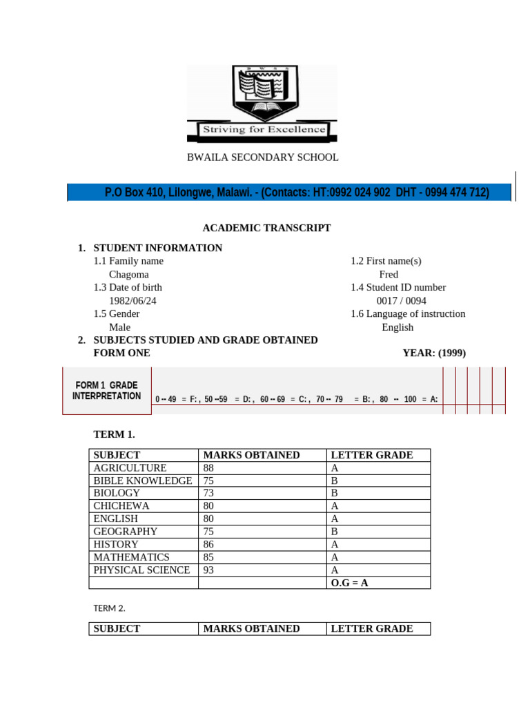 BWAILA Secondary School Transcript | PDF | Science