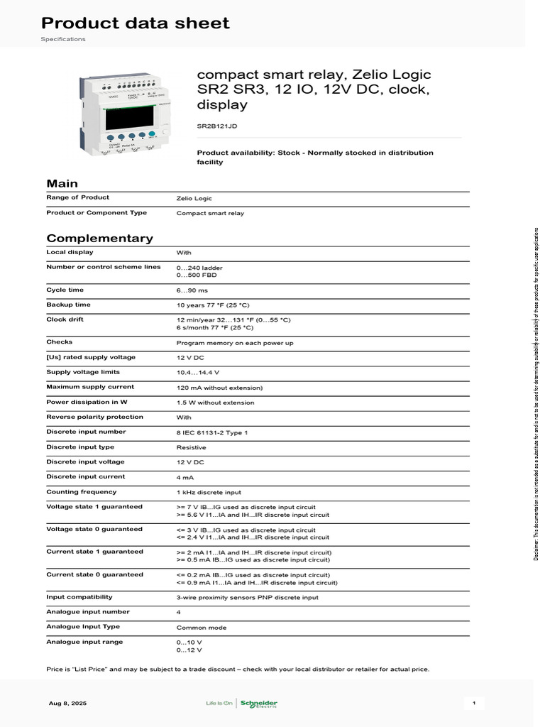 Zelio Logic Compact Smart Relay SR2B121JD | PDF | Relay | Hertz
