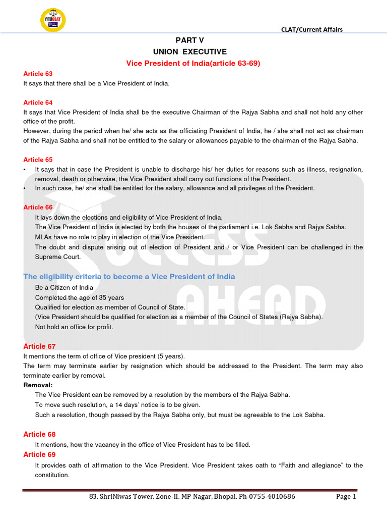 Vice President of India: Articles 63-69 Explained | PDF | Governance ...