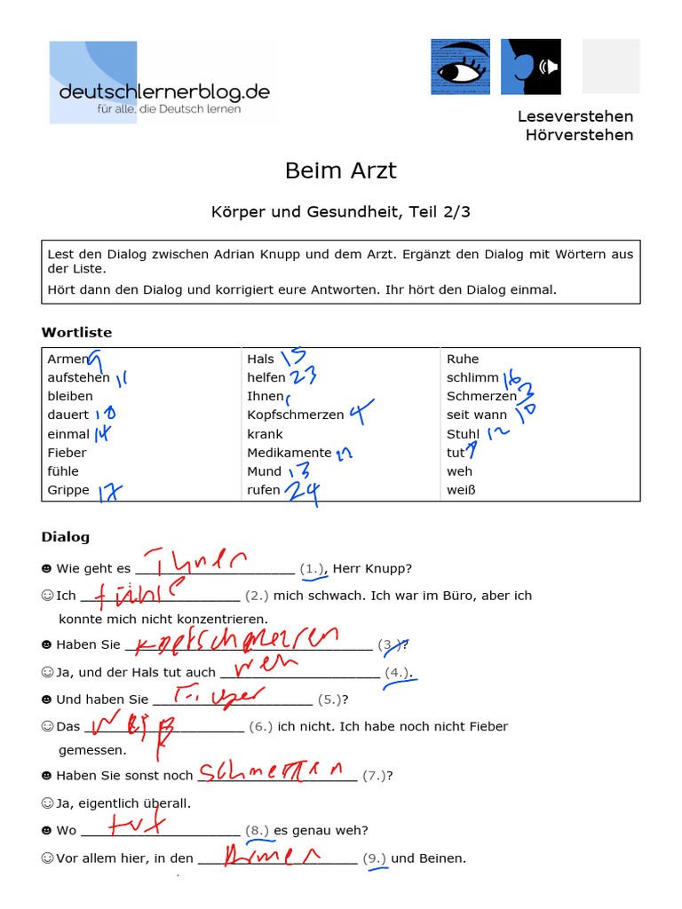 Leseverstehen Hörverstehen Deutsch A1 Gesundheit Arzt Teil 02