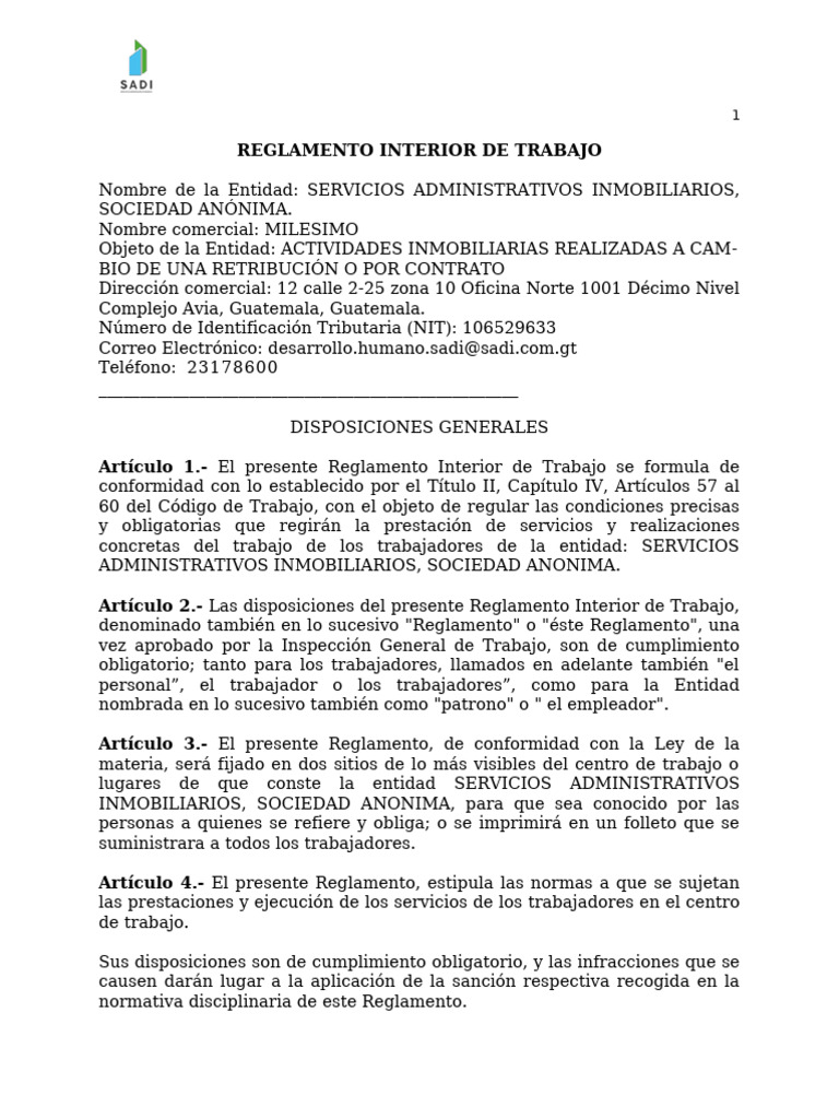 Modelo de Reglamento Interior de Trabajo SADI | PDF | Salario | Derecho ...