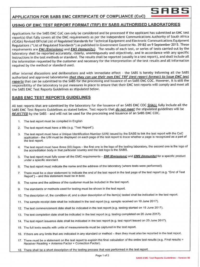 SABS EMC Test Reports Guidelines | PDF