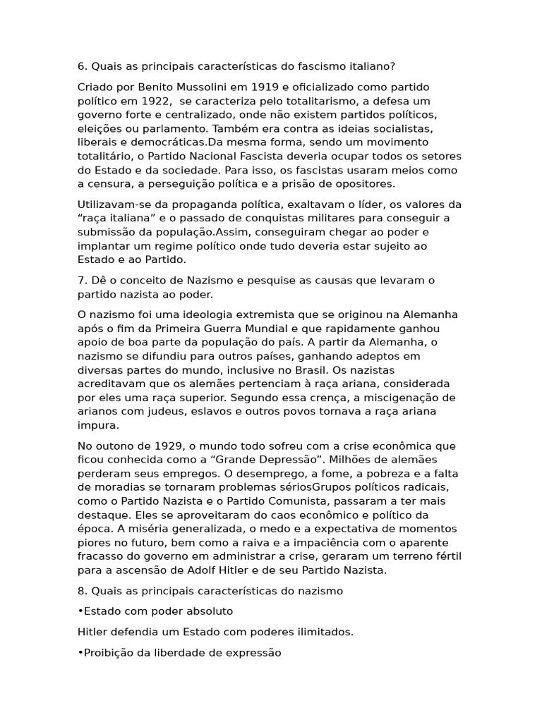 Características do Fascismo e Nazismo | PDF | Nazismo | Fascismo