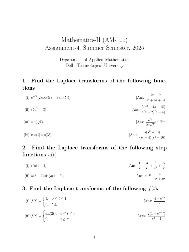 Laplace Transform Assignments AM-102 | PDF | Functions And Mappings ...
