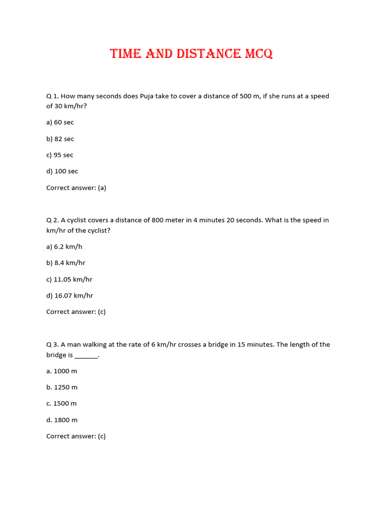 Time and Distance MCQs with Answers | PDF | Speed | Velocity