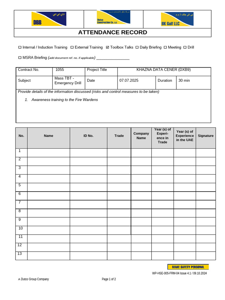 WP-HSE-005-FRM-04 - Attendance Record - Emergency - Drill - 07.07.25 | PDF