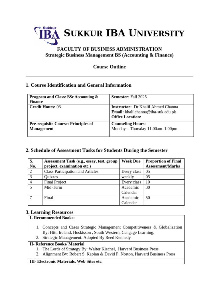 Strategic Business Management Course Outline | PDF | Strategic ...