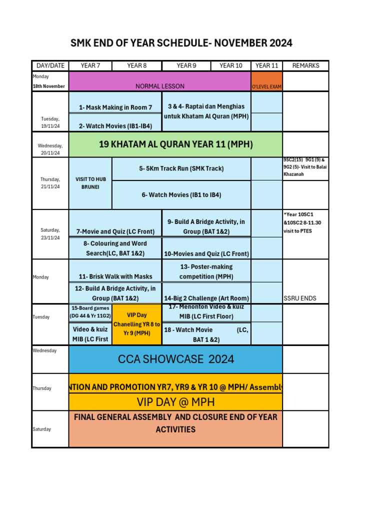 End of Year Activities Schedule 2024 | PDF