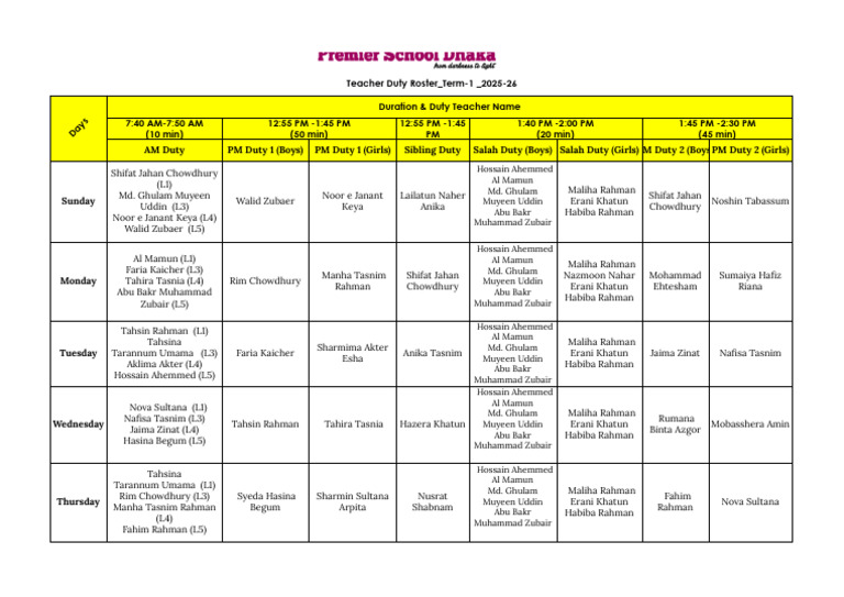 Teacher Duty Roster 2025-26 | PDF