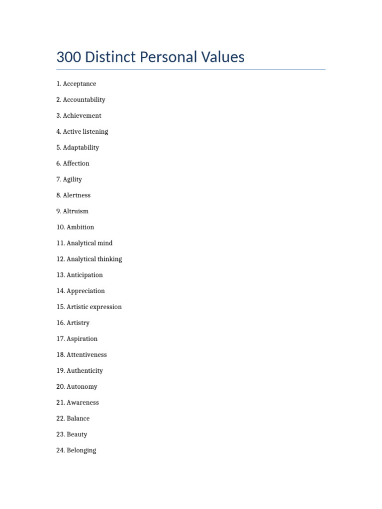 Comprehensive List of 300 Values | PDF | Empathy | Well Being