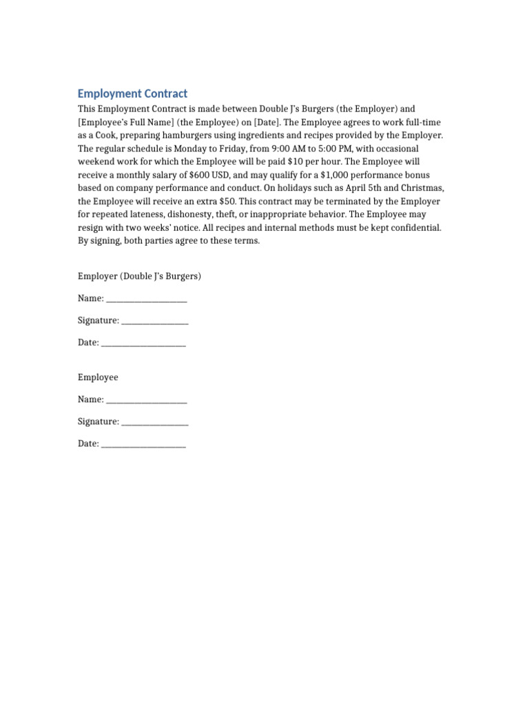 Employment Contract for Cook Position | PDF