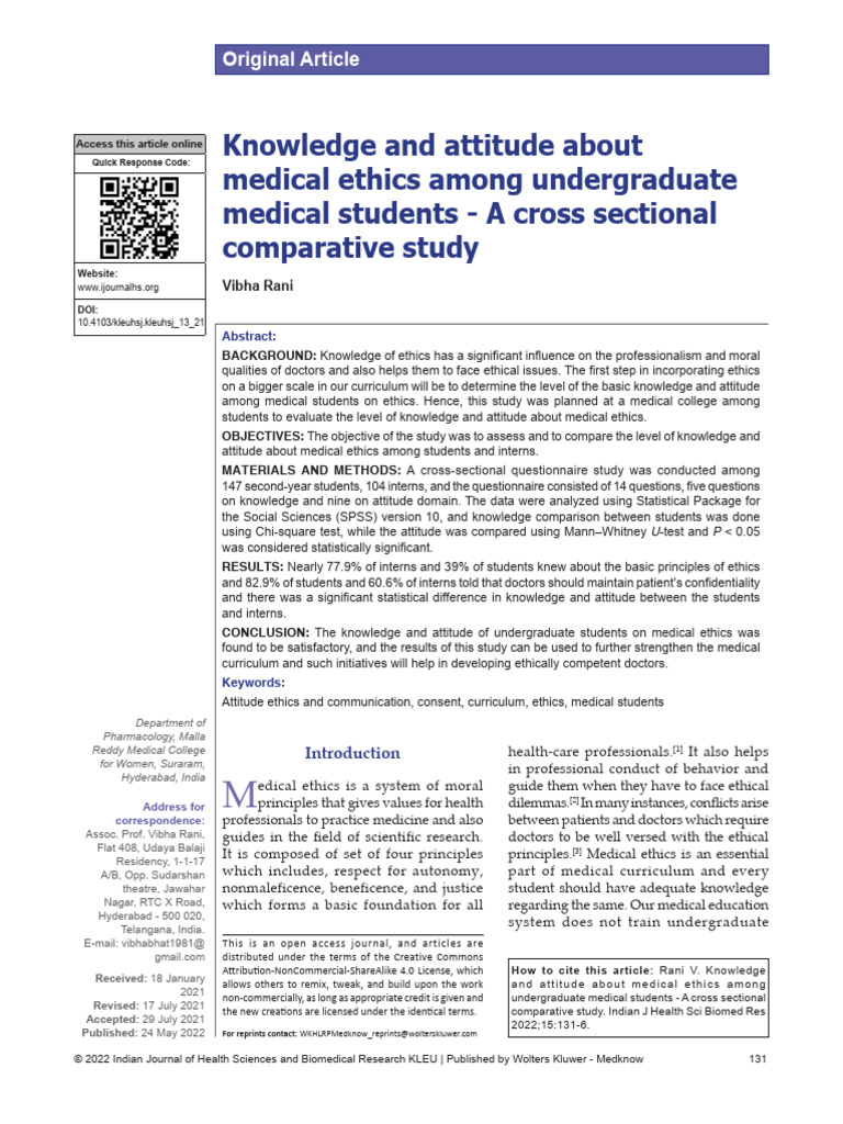Medical Ethics Knowledge in Students | PDF